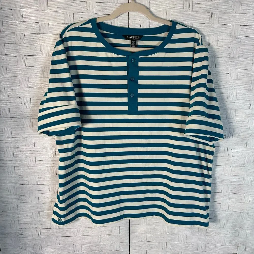 Lauren Ralph Lauren aqua cream  striped T-shirt, rolled cuff soft plus size